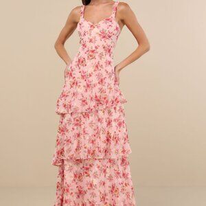 Lulus Laurette Pink Floral Tiered Sleeveless Maxi Dress - Size M